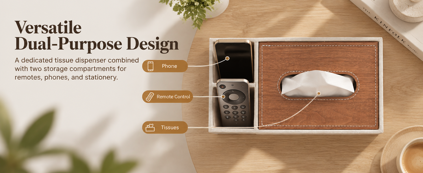 HASTHIP Rectangular PU Leather Tissue Box Cover with Remote Compartments, 9.4 x 5.1 x 3.5 Inches