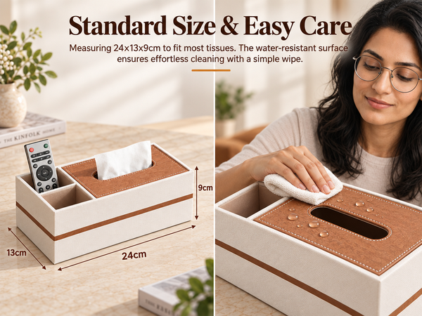 HASTHIP Rectangular PU Leather Tissue Box Cover with Remote Compartments, 9.4 x 5.1 x 3.5 Inches