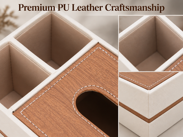 HASTHIP Rectangular PU Leather Tissue Box Cover with Remote Compartments, 9.4 x 5.1 x 3.5 Inches