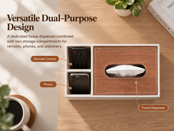 HASTHIP Rectangular PU Leather Tissue Box Cover with Remote Compartments, 9.4 x 5.1 x 3.5 Inches