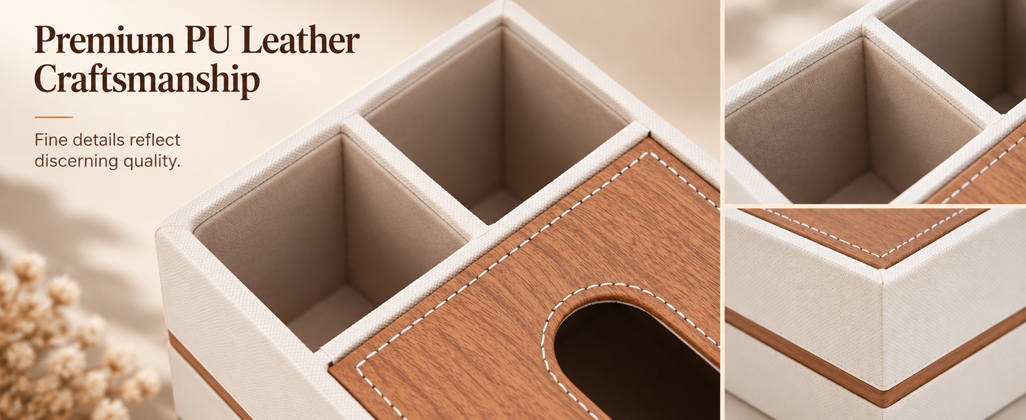 HASTHIP Rectangular PU Leather Tissue Box Cover with Remote Compartments, 9.4 x 5.1 x 3.5 Inches