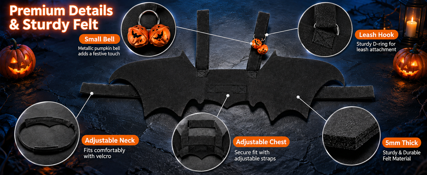 Qpets Bat Wing Costume for Cats and Small Dogs, 5mm Felt with Bell and Adjustable Straps