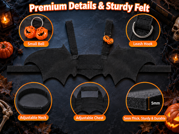 Qpets Bat Wing Costume for Cats and Small Dogs, 5mm Felt with Bell and Adjustable Straps