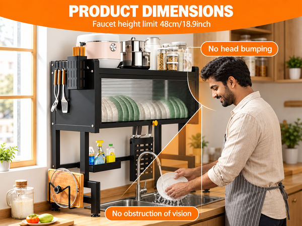HASTHIP Large Over-the-Sink Dish Drying Rack with Dustproof Flip Cover, Carbon Steel Construction