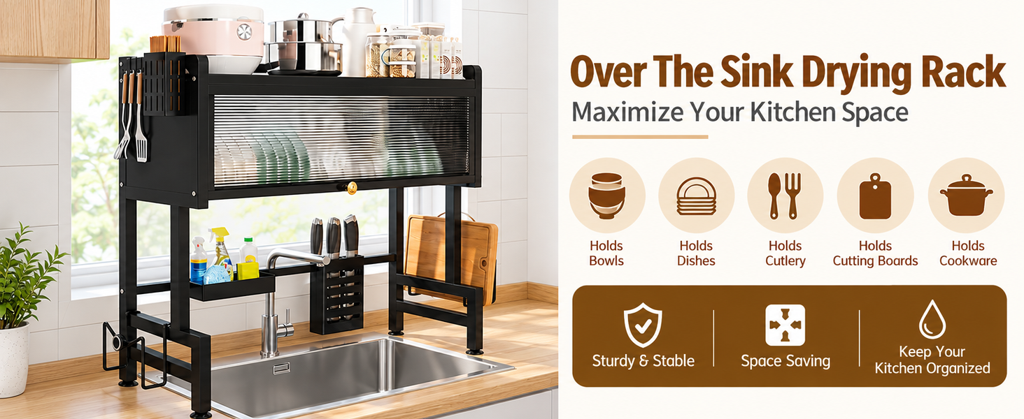 HASTHIP Large Over-the-Sink Dish Drying Rack with Dustproof Flip Cover, Carbon Steel Construction