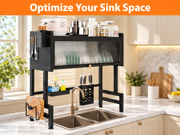 HASTHIP Large Over-the-Sink Dish Drying Rack with Dustproof Flip Cover, Carbon Steel Construction