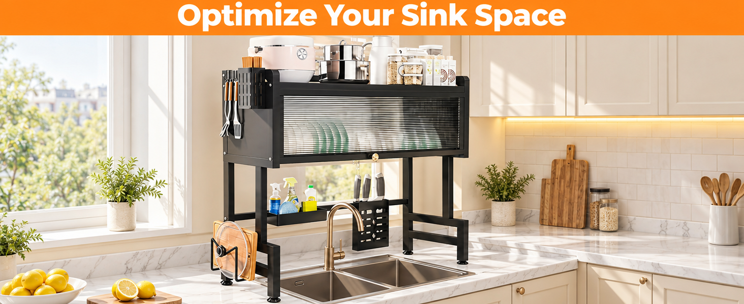HASTHIP Large Over-the-Sink Dish Drying Rack with Dustproof Flip Cover, Carbon Steel Construction