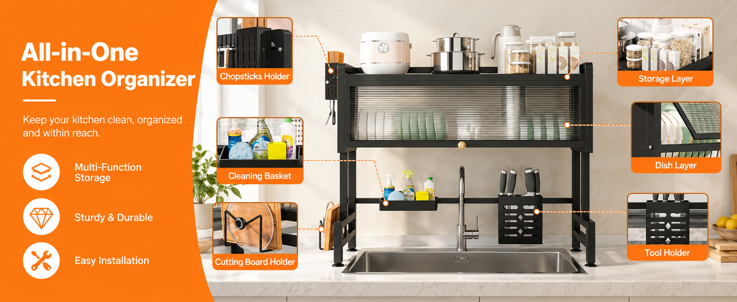 HASTHIP Large Over-the-Sink Dish Drying Rack with Dustproof Flip Cover, Carbon Steel Construction