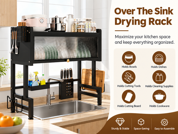 HASTHIP Large Over-the-Sink Dish Drying Rack with Dustproof Flip Cover, Carbon Steel Construction