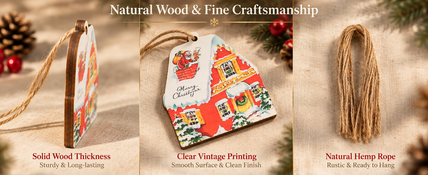 HASTHIP 20-Piece Wooden Christmas Tree Ornaments with Vintage Patterns, 8 cm Tall and Hanging Ropes