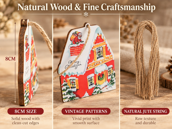 HASTHIP 20-Piece Wooden Christmas Tree Ornaments with Vintage Patterns, 8 cm Tall and Hanging Ropes