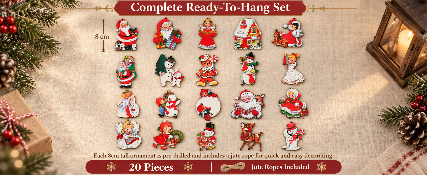 HASTHIP 20-Piece Wooden Christmas Tree Ornaments with Vintage Patterns, 8 cm Tall and Hanging Ropes