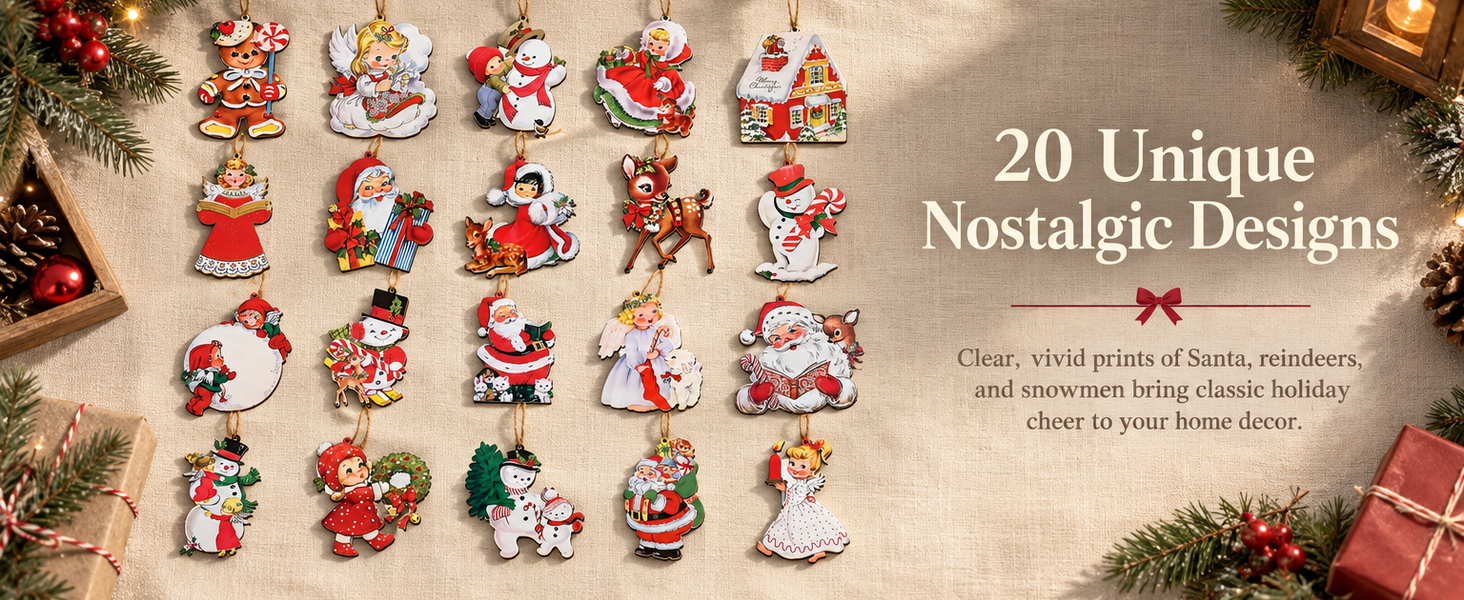 HASTHIP 20-Piece Wooden Christmas Tree Ornaments with Vintage Patterns, 8 cm Tall and Hanging Ropes