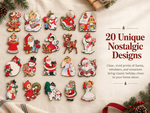 HASTHIP 20-Piece Wooden Christmas Tree Ornaments with Vintage Patterns, 8 cm Tall and Hanging Ropes