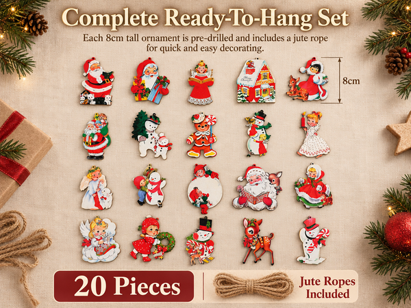 HASTHIP 20-Piece Wooden Christmas Tree Ornaments with Vintage Patterns, 8 cm Tall and Hanging Ropes