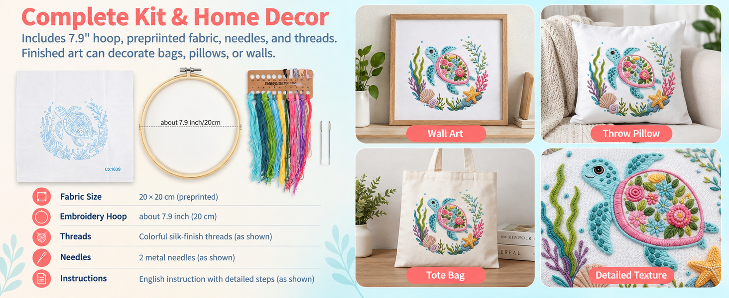 HASTHIP Embroidery Kit with 7.9 Inch PP Hoop, Printed Cotton Canvas and Colorful Threads