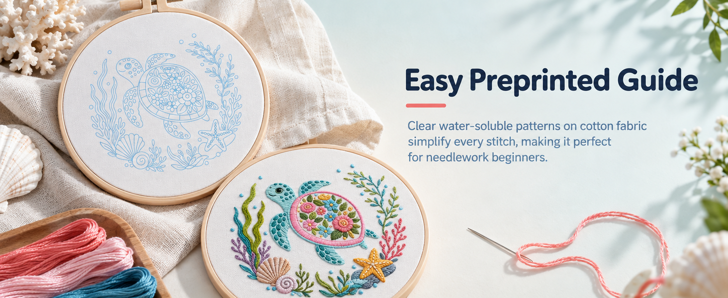 HASTHIP Embroidery Kit with 7.9 Inch PP Hoop, Printed Cotton Canvas and Colorful Threads