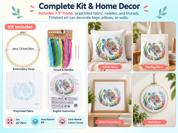 HASTHIP Embroidery Kit with 7.9 Inch PP Hoop, Printed Cotton Canvas and Colorful Threads