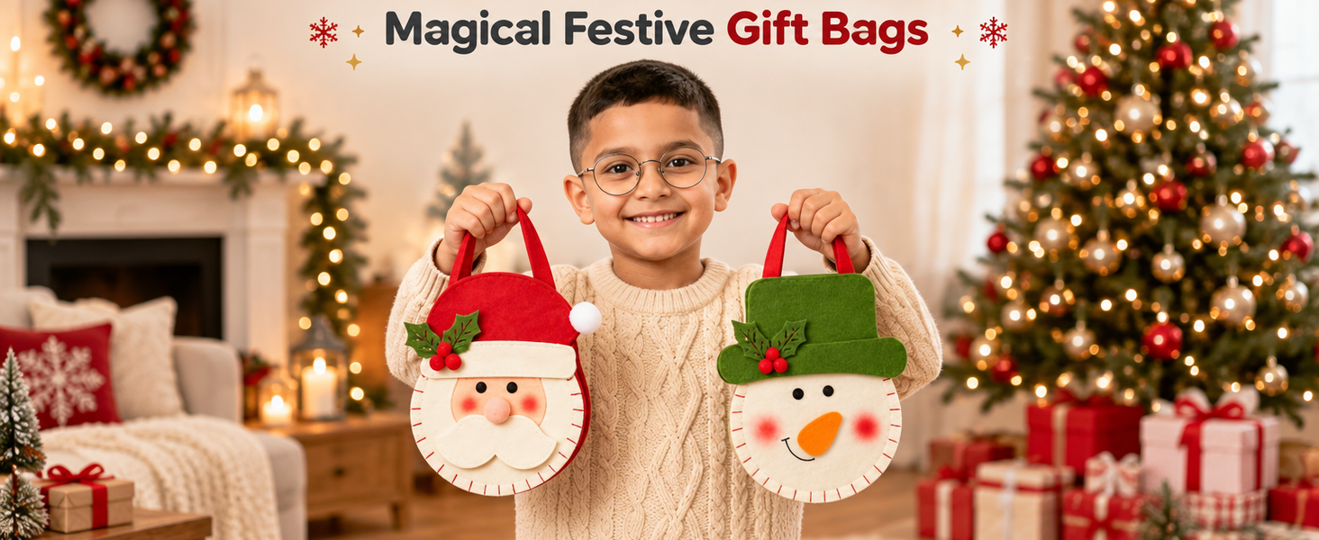 HASTHIP Christmas Felt Treat Bag with Wide Handle, Reinforced Base and Reindeer, Santa and Snowman Pattern