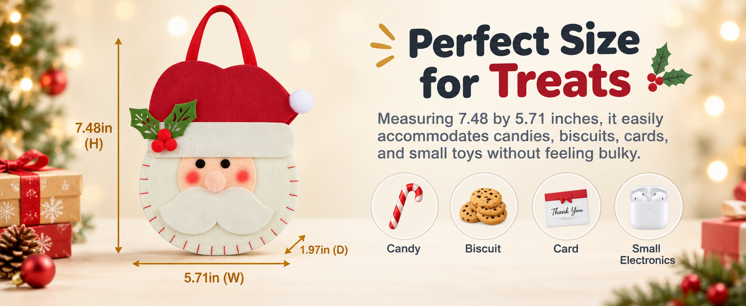 HASTHIP Christmas Felt Treat Bag with Wide Handle, Reinforced Base and Reindeer, Santa and Snowman Pattern