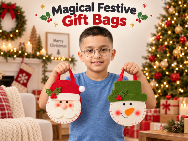 HASTHIP Christmas Felt Treat Bag with Wide Handle, Reinforced Base and Reindeer, Santa and Snowman Pattern