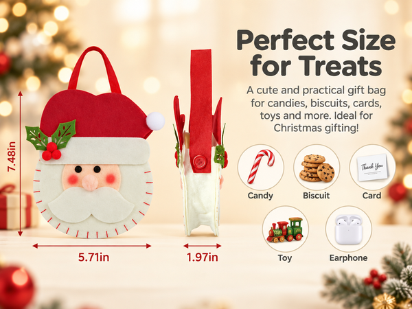 HASTHIP Christmas Felt Treat Bag with Wide Handle, Reinforced Base and Reindeer, Santa and Snowman Pattern