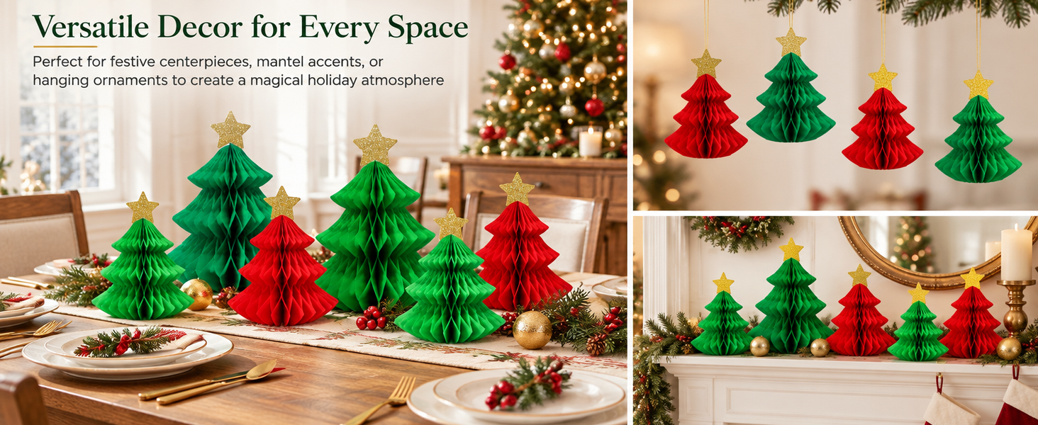 HASTHIP 6-Piece Paper Christmas Tree Decorations with Honeycomb Design, Gold Stars and Two Sizes