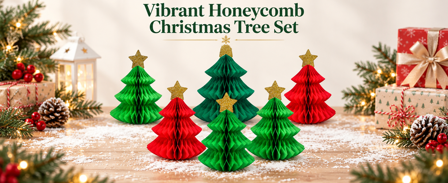 HASTHIP 6-Piece Paper Christmas Tree Decorations with Honeycomb Design, Gold Stars and Two Sizes