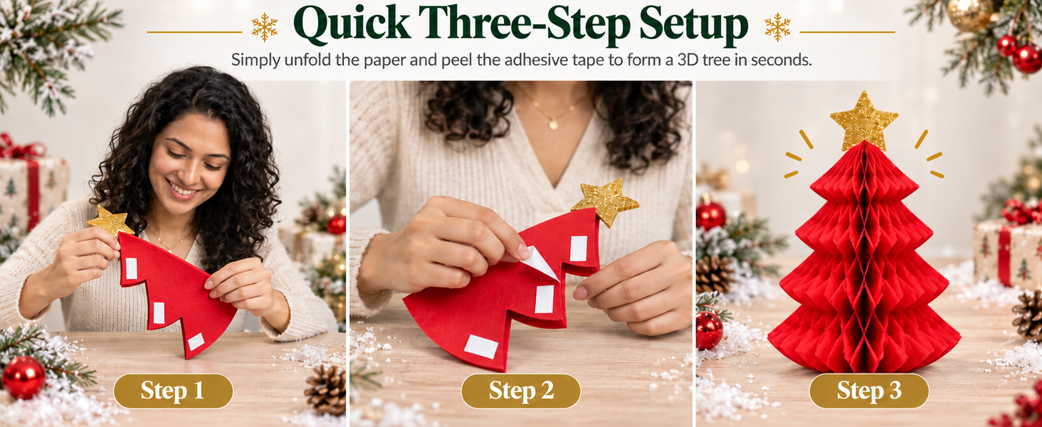 HASTHIP 6-Piece Paper Christmas Tree Decorations with Honeycomb Design, Gold Stars and Two Sizes