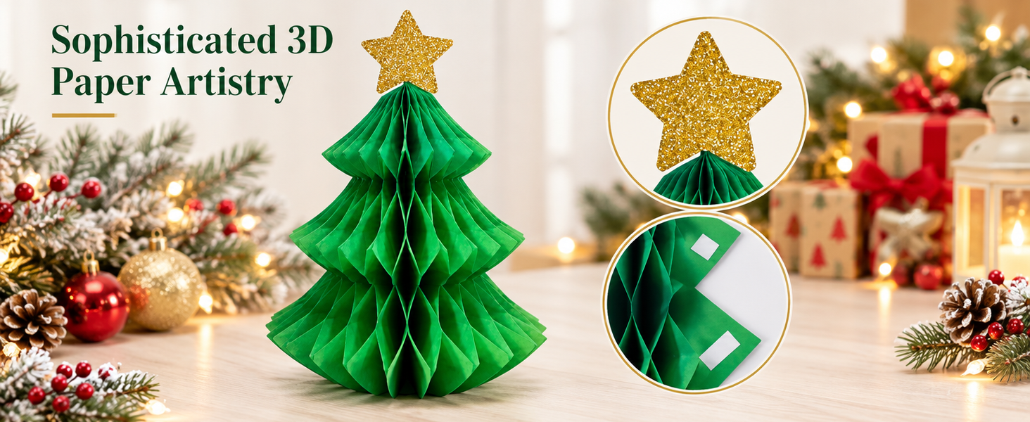 HASTHIP 6-Piece Paper Christmas Tree Decorations with Honeycomb Design, Gold Stars and Two Sizes