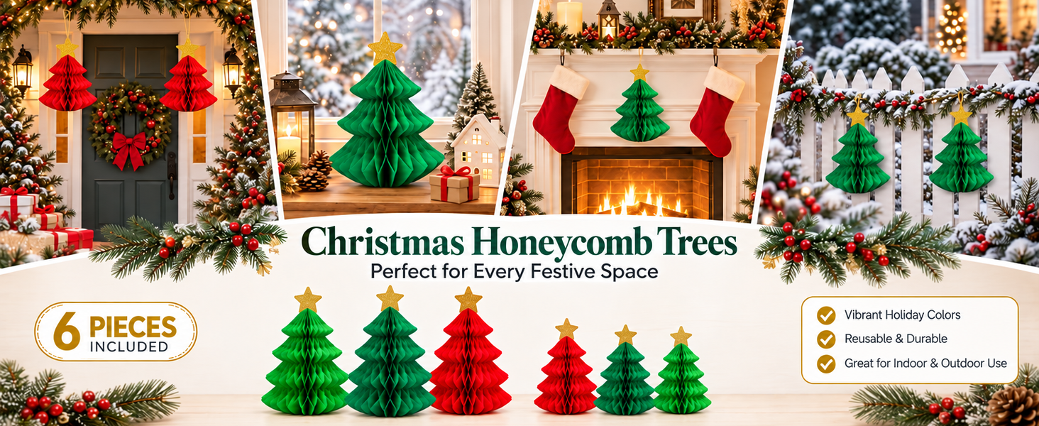 HASTHIP 6-Piece Paper Christmas Tree Decorations with Honeycomb Design, Gold Stars and Two Sizes