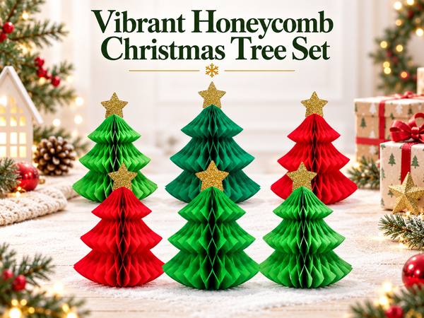 HASTHIP 6-Piece Paper Christmas Tree Decorations with Honeycomb Design, Gold Stars and Two Sizes