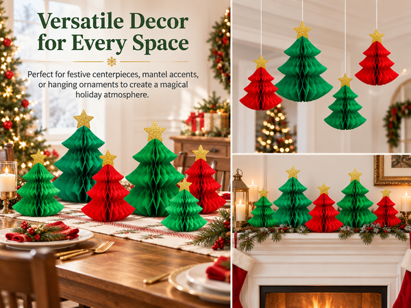 HASTHIP 6-Piece Paper Christmas Tree Decorations with Honeycomb Design, Gold Stars and Two Sizes