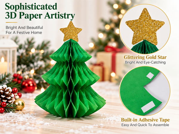 HASTHIP 6-Piece Paper Christmas Tree Decorations with Honeycomb Design, Gold Stars and Two Sizes