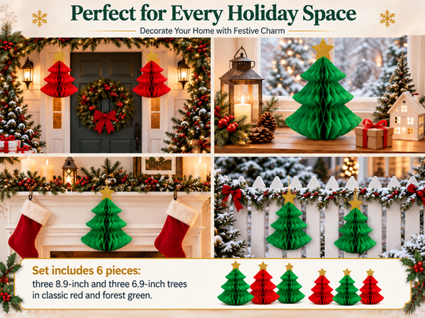 HASTHIP 6-Piece Paper Christmas Tree Decorations with Honeycomb Design, Gold Stars and Two Sizes