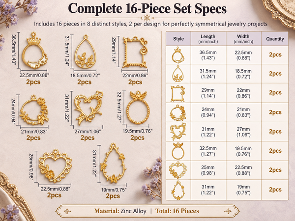 HASTHIP 16Pcs Gold Alloy Open Back Bezel Pendants Set Come with 8 Styles of Hollow Charm