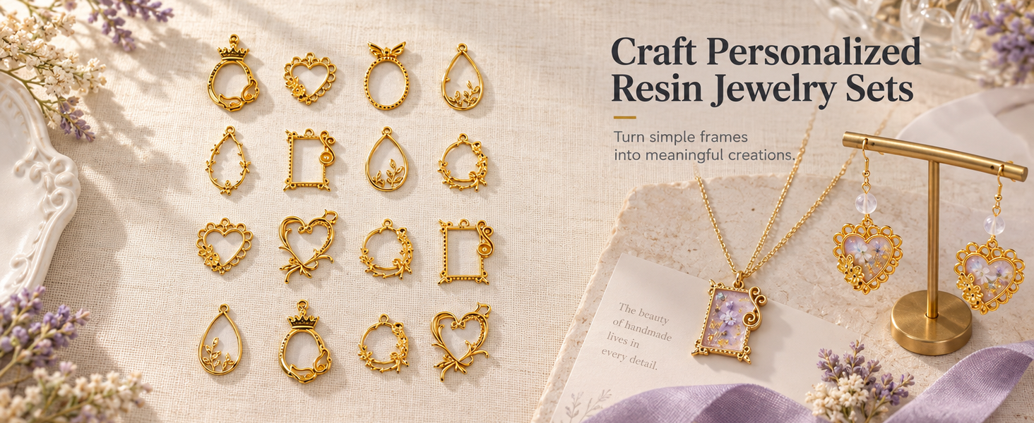 HASTHIP 16Pcs Gold Alloy Open Back Bezel Pendants Set Come with 8 Styles of Hollow Charm