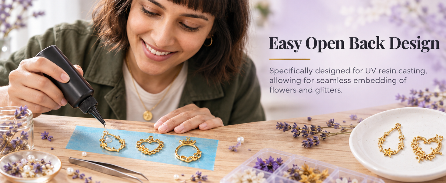 HASTHIP 16Pcs Gold Alloy Open Back Bezel Pendants Set Come with 8 Styles of Hollow Charm
