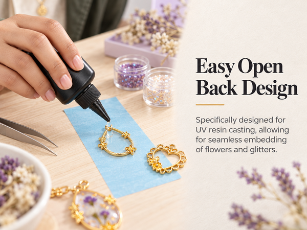 HASTHIP 16Pcs Gold Alloy Open Back Bezel Pendants Set Come with 8 Styles of Hollow Charm