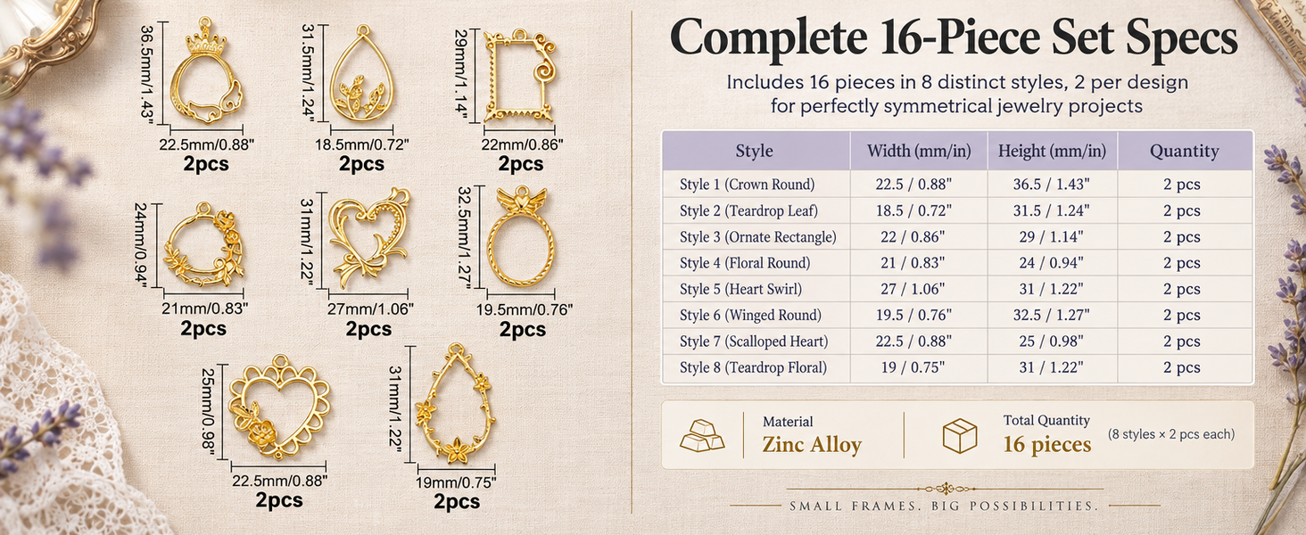 HASTHIP 16Pcs Gold Alloy Open Back Bezel Pendants Set Come with 8 Styles of Hollow Charm