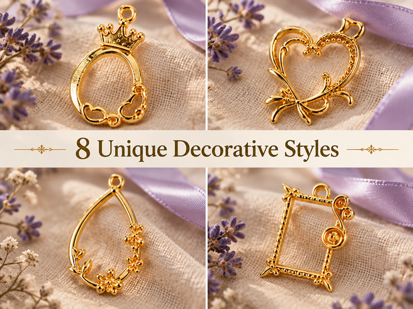HASTHIP 16Pcs Gold Alloy Open Back Bezel Pendants Set Come with 8 Styles of Hollow Charm