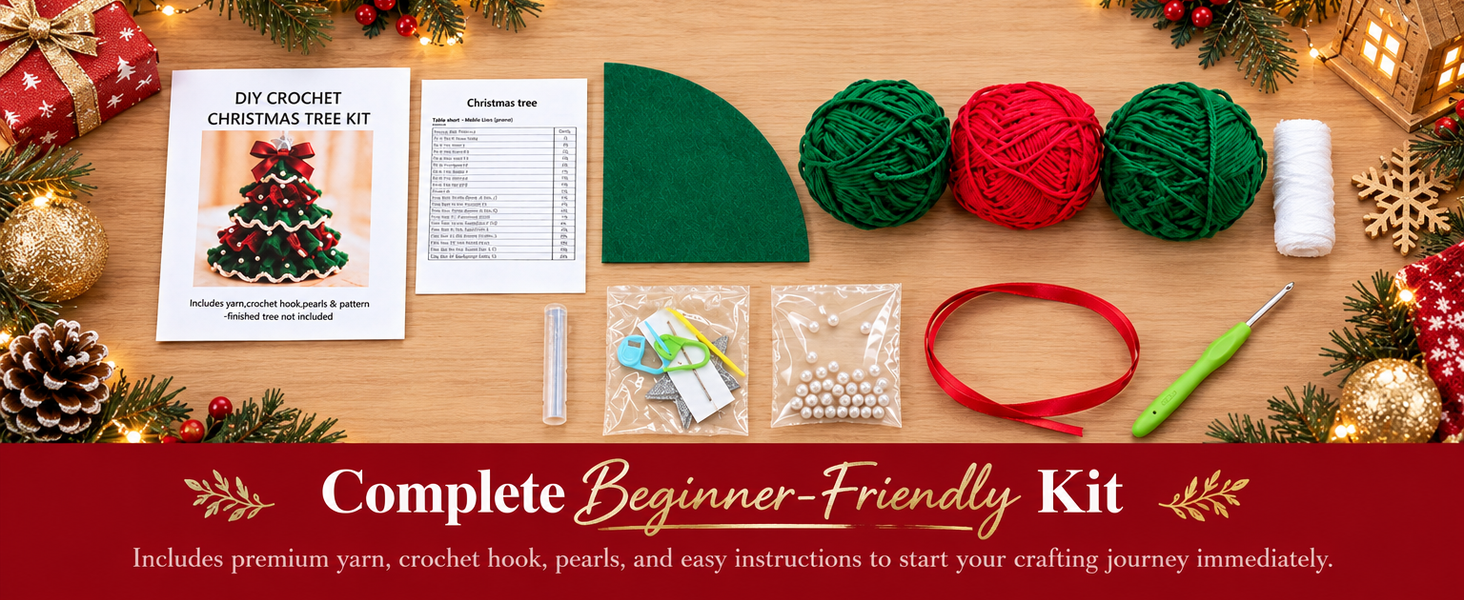 HASTHIP DIY Crochet Christmas Tree Kit with Hook, Soft Yarn, Pearls, Bows and Beginner Instructions