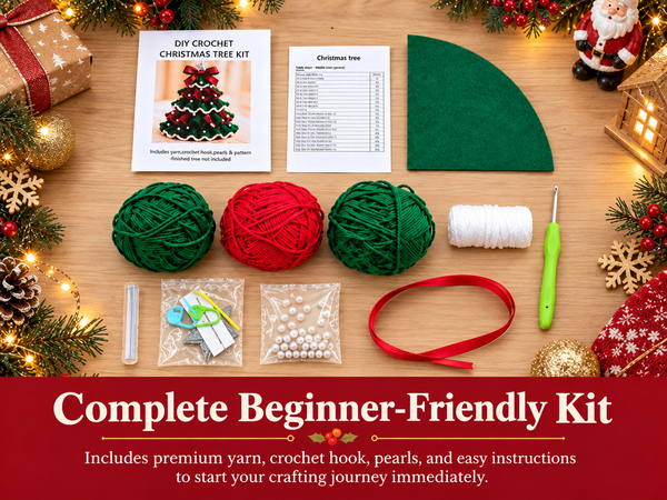 HASTHIP DIY Crochet Christmas Tree Kit with Hook, Soft Yarn, Pearls, Bows and Beginner Instructions