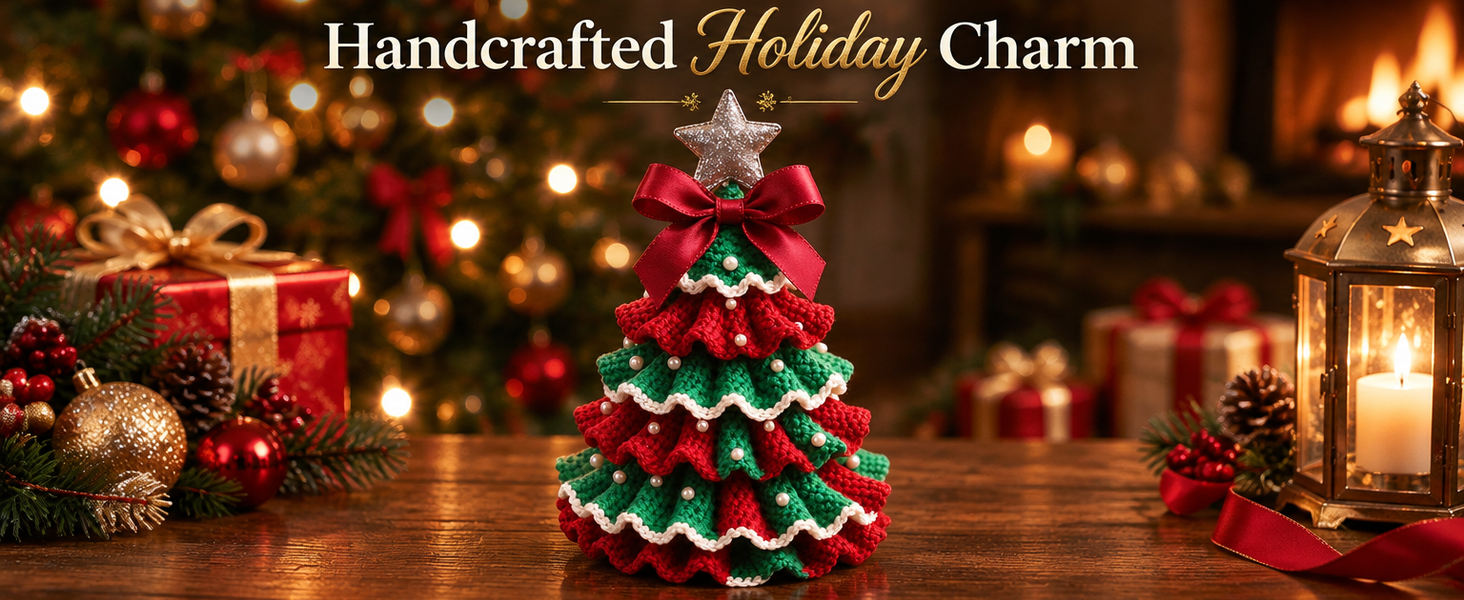 HASTHIP DIY Crochet Christmas Tree Kit with Hook, Soft Yarn, Pearls, Bows and Beginner Instructions