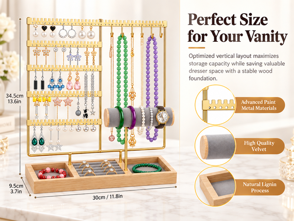 HASTHIP 4-Tier Jewelry Organizer Stand with 48 Earring Holes, 6 Hooks and White Wooden Storage Box
