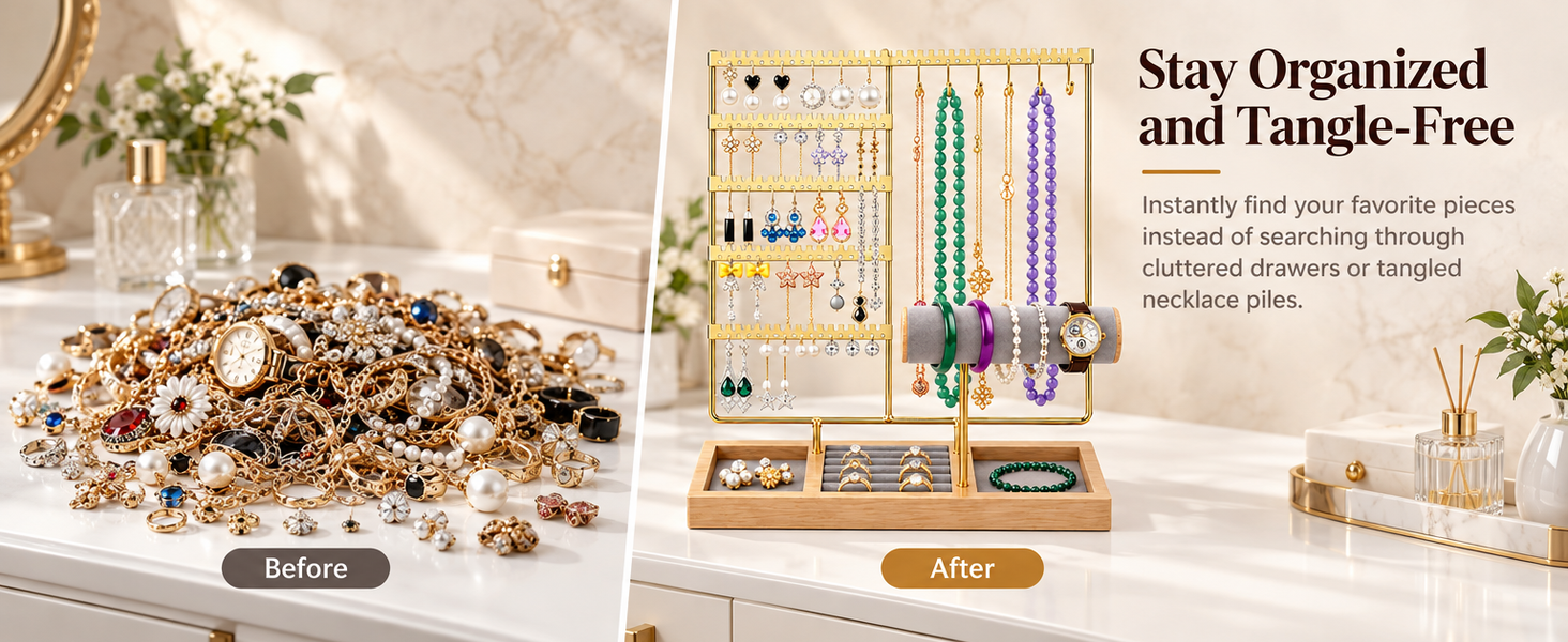 HASTHIP 4-Tier Jewelry Organizer Stand with 48 Earring Holes, 6 Hooks and White Wooden Storage Box