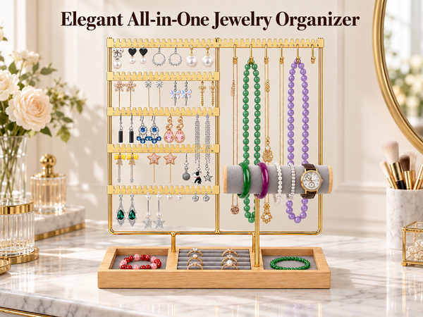 HASTHIP 4-Tier Jewelry Organizer Stand with 48 Earring Holes, 6 Hooks and White Wooden Storage Box