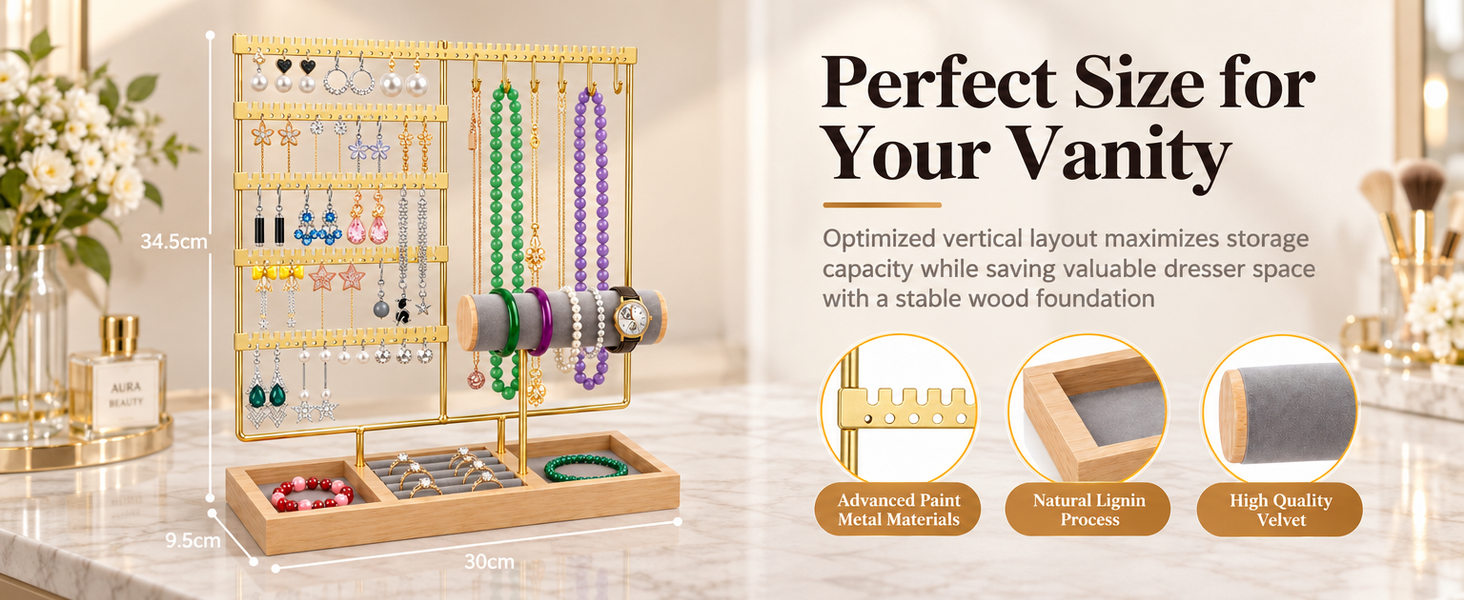HASTHIP 4-Tier Jewelry Organizer Stand with 48 Earring Holes, 6 Hooks and White Wooden Storage Box