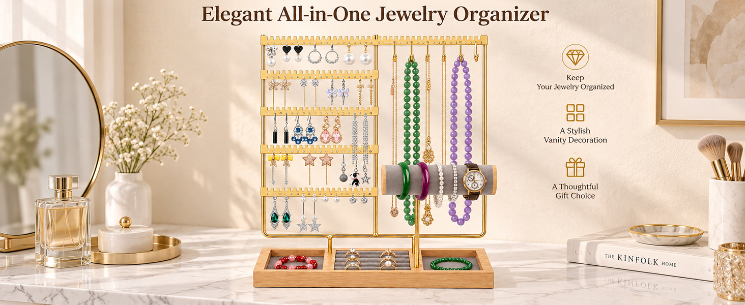 HASTHIP 4-Tier Jewelry Organizer Stand with 48 Earring Holes, 6 Hooks and White Wooden Storage Box