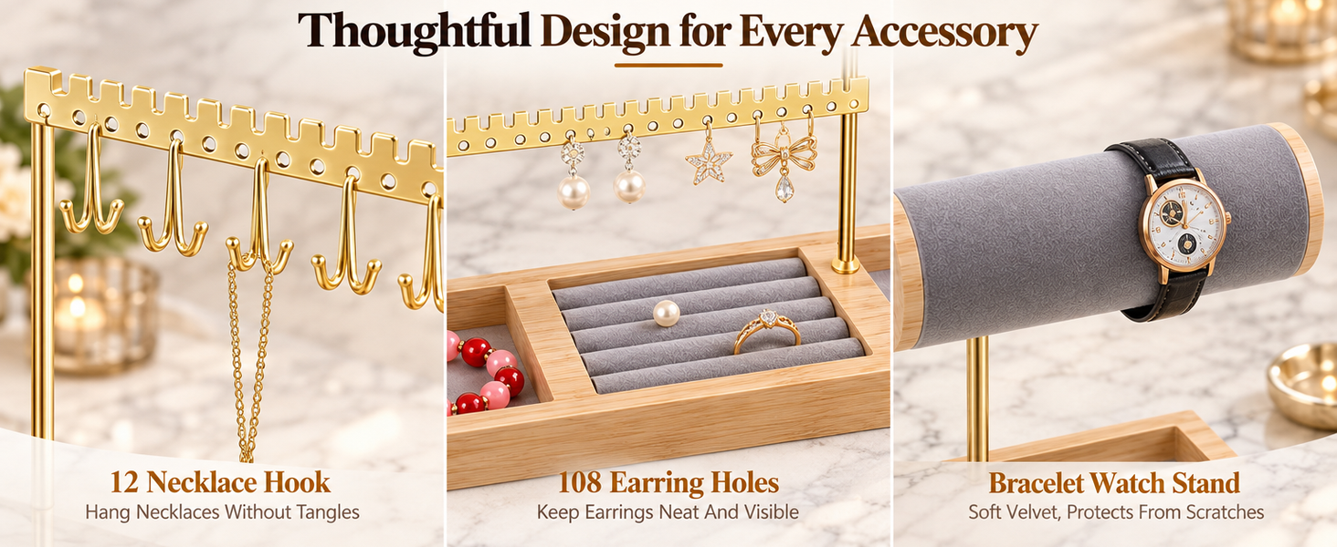 HASTHIP 4-Tier Jewelry Organizer Stand with 48 Earring Holes, 6 Hooks and White Wooden Storage Box